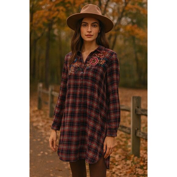 Johnny Was Workshop Plaid Long Sleeve Flower Embroidered Tunic Dress Medium Red - Picture 1 of 9